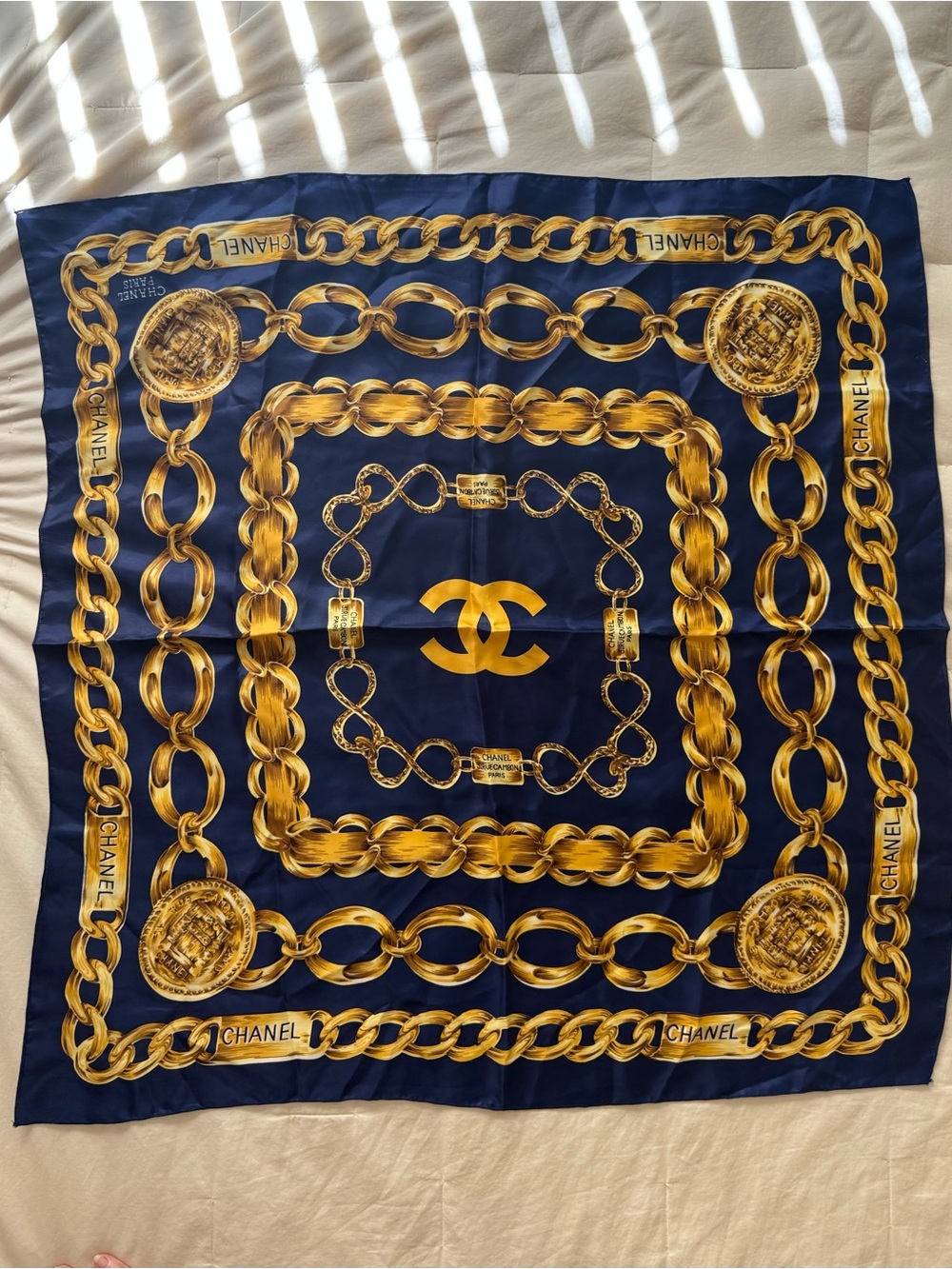 CHANEL Navy Silk Scarf with Gold Chain and CC Motif